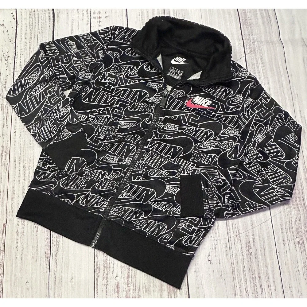 Nike Boys Full Zip Track Jacket Black Logo Print Youth XS 3-4Yrs Fleece Athletic